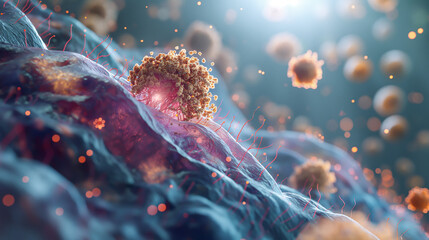 Microscopic image of the scalp showing the dandruff-causing fungus fighting against healthy skin cells. Biology