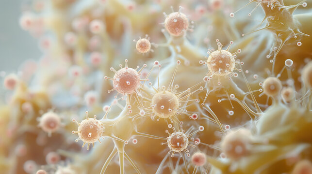 Microscopic image of the scalp showing the dandruff-causing fungus fighting against healthy skin cells. Biology