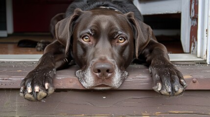 Brown Labrador Retriever Relaxing on Wooden Porch
