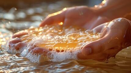 Fototapeta premium Close-up of hands being washed with soap and water