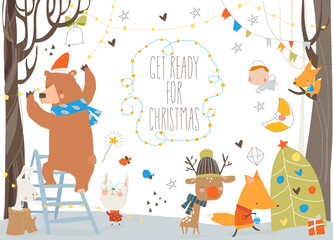 Fototapeta premium Cute Cartoon Animals getting ready for Christmas. Vector Illustration