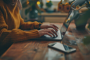 Close up of a woman's hands typing on a laptop keyboard at a wooden table, with a smartphone lying nearby. Concept for online shopping or remote work, working from a home office. Shot in the style of 