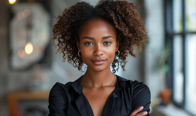 Confident African American Businesswoman in Black Blouse with Crossed Arms, Looking at Camera in Modern Office Environment, Empowerment and Leadership Concept