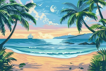 Obraz premium Tranquil Beach Scene with Boat, Palm Trees, and Birds.