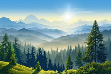 Fototapeta premium Serene Landscape with Vibrant Sunlit Foreground and Misty Mountains in Distance
