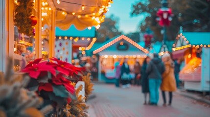 Obraz premium Festive Christmas market with lights, decorations, and shoppers enjoying the holiday spirit in a cheerful atmosphere