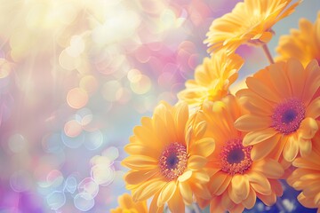 Obraz premium A beautiful spring nature background featuring close-up shots of vibrant yellow flowers against a soft, abstract light backdrop, 