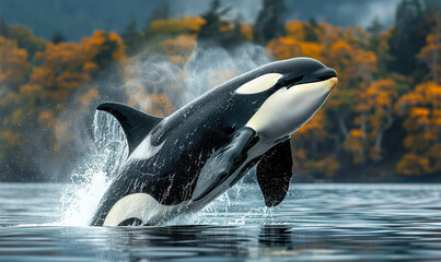 Fototapeta premium Bigg's Orca Whale Breaching the Water in Vancouver Island with Autumn Foliage in the Background, Wildlife Photography, Nature Conservation