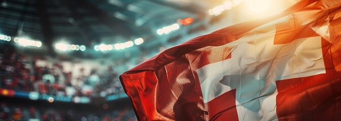 Swiss flag at stadium. Sport concept. Football background