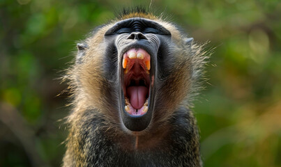 Yawning Baboon Closeup in Natural Habitat, Highlighting Animal Behavior, Wild Nature Concept - Powered by Adobe