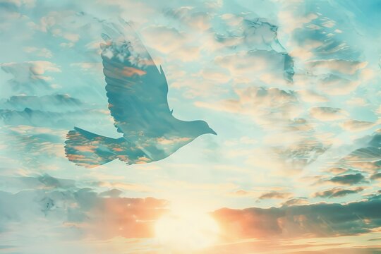 Memorial Day peace with a minimalist silhouette of a dove soaring against a cloudfilled blue sky close up, serene tribute, ethereal, double exposure with a sunset backdrop - Powered by Adobe