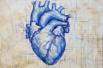 Human heart crosssection in a detailed, muted anatomical blueprint style selective focus, cardiology reference, ethereal, double exposure with a grid paper background