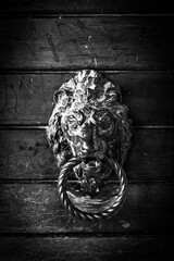 Old metal handle on wooden door
