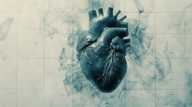 Human heart crosssection in a detailed, muted anatomical blueprint style selective focus, cardiology reference, ethereal, double exposure with a grid paper background