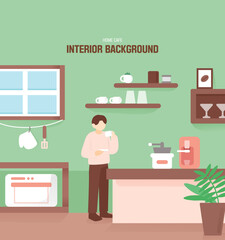 일러스트,배경,백그라운드,캐릭터,인물,공간,인테리어,라이프,가구,실내,집,가정,홈카페,카페,바리스타,주방,베이킹,커피,음료,요리,취미,여유,화분
