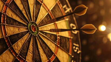 Three darts try to hit their mark in the bullseye on dart board
