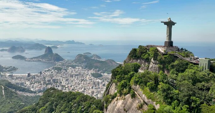 Aerial panorama of Rio de Janeiro, wide angle city view, Sugarloaf Mountain in background, Brazil. Summertime in South America	