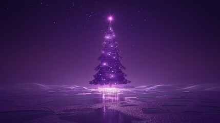  A purple Christmas tree sits in the center of a frozen lake, topped with a star Behind it, a magenta sky is filled with stars