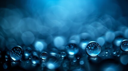  A collection of water droplets hovering above a blue backdrop, lit softly in the haze of the background, with a blue glow centrally situated atop the image