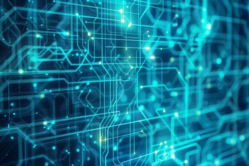Obraz premium A digital background featuring a complex network of interconnected circuits and data streams in shades of electric blue.