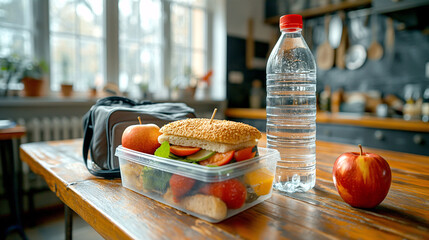 A bottle of water next to a lunch box with a sandwich and an apple. Concept of preparation and healthy food, to take to the office or university. - Powered by Adobe