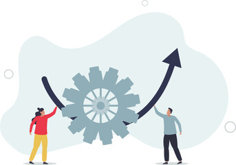 businessman partner help rotate gear cogwheel to make arrow rising up.flat vector illustration.