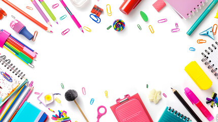 Panorama of colorful school supplies isolated on white background with copy space. Back to school web banner ai generative