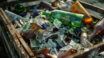 A bin for broken glass filled with a mix of colored shards and bottles.
