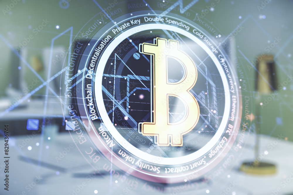 Poster double exposure of creative bitcoin symbol hologram with computer on background. mining and blockcha