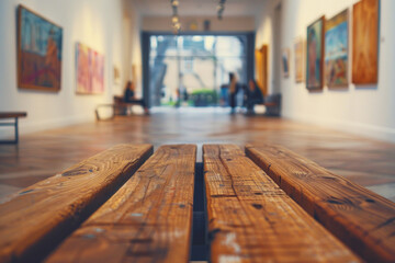A wooden bench in the foreground with a blurred background of an art gallery. The background includes various paintings and sculptures on display and visitors viewing the artwork.