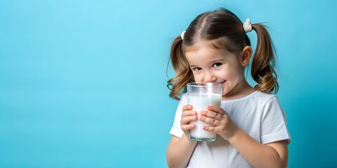 Cute little girl drinks white milk from transparent glass on blue background. World milk day.