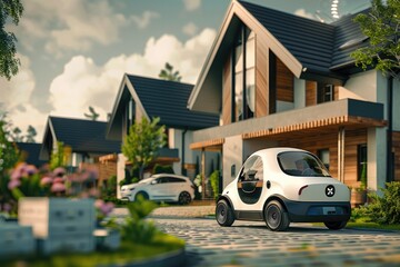 Autonomous Car ,delivery vehicle to people in front of the house , Generative AI