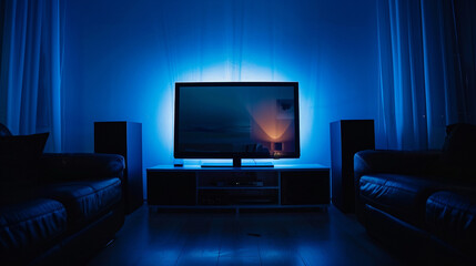 .a big smart tv in a darkened room