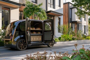 Autonomous Car ,delivery vehicle to people in front of the house , Generative AI