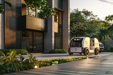 Autonomous Car ,delivery vehicle to people in front of the house , Generative AI