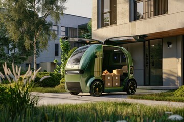 Autonomous Car ,delivery vehicle to people in front of the house , Generative AI