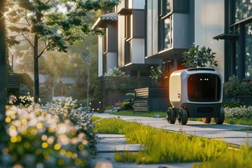 Autonomous Car ,delivery vehicle to people in front of the house , Generative AI