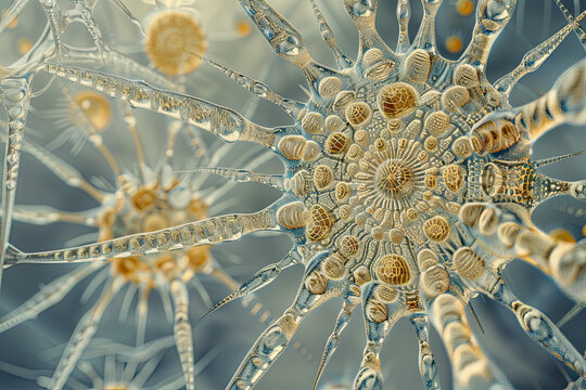 Intricate heliozoan with radial symmetry and spiny axopods, floating in a freshwater pond.