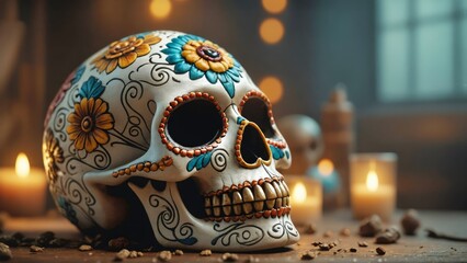 Colorful sugar skull decorated with flowers and candles, symbolizing the Day of the Dead celebration in a dimly lit setting.