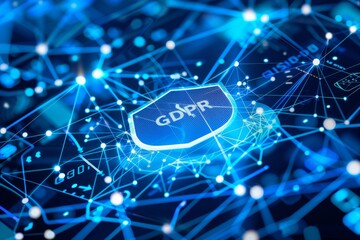 Obraz premium Blue glowing digital shield in a networked environment, showcasing advanced cybersecurity measures with a focus on connectivity.