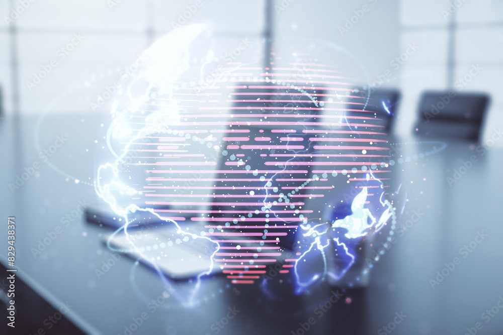 Fototapete double exposure of abstract digital world map with connections on computer background, big data and 