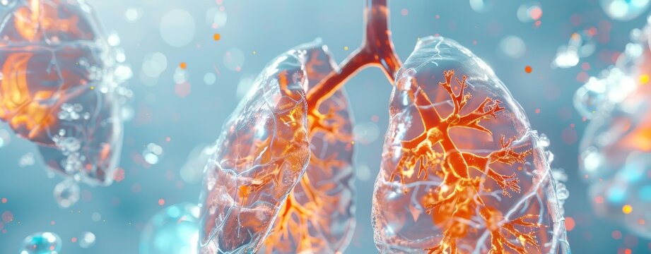 Microplastics in human lungs with orange glowing particles inside the lungs and some white cells