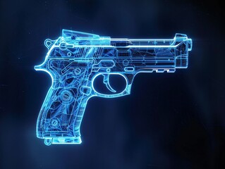 blue print of hand gun or holographic handgun on dark background . Handgun wireframe scheme. 3d render with blue grid lines. Loop rotation on black background.
