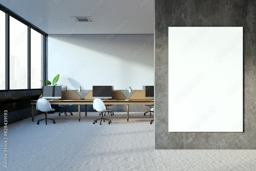Poster modern spacious coworking office with empty white mock up banner, window and city view, equipment, f