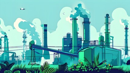 illustration of an industrial landscape scene in a minimalistic hyper realistic style