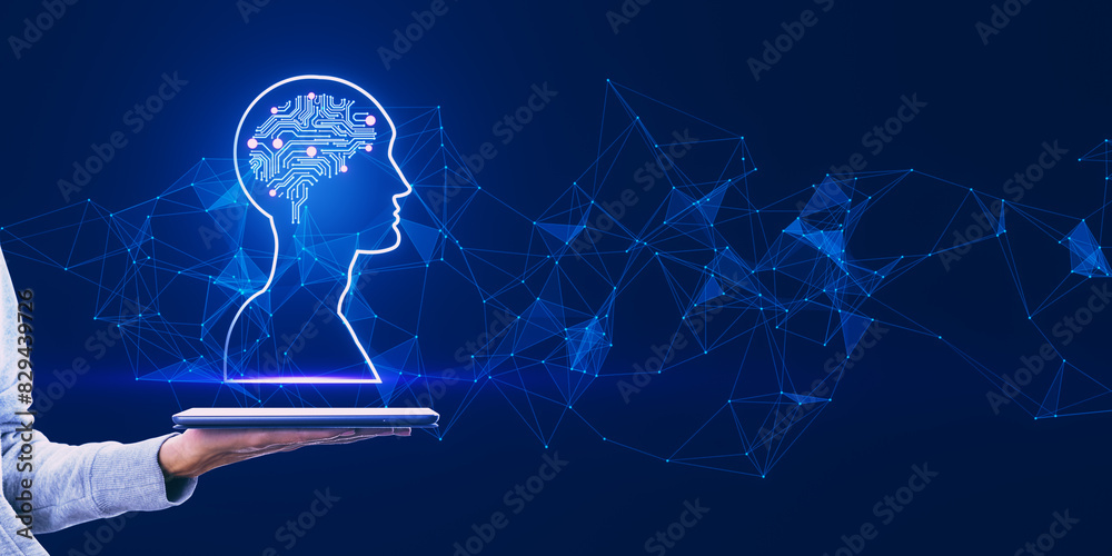 Poster close up of female hand holding tablet with polygonal head outline with brain on blue background. ar