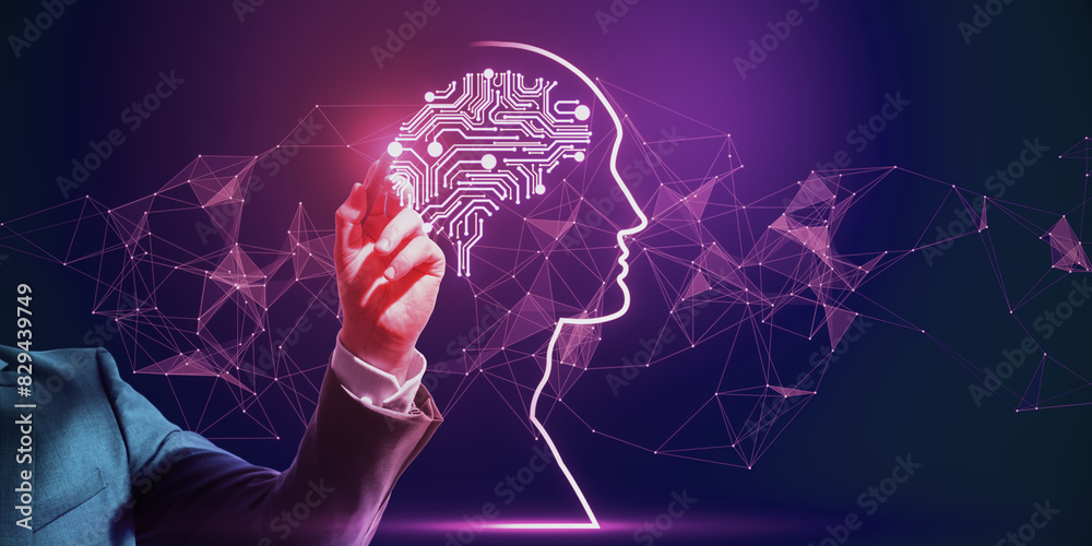 Poster Close up of businessman hand with pen using polygonal head outline with brain on purple background. Artificial intelligence, innovation and machine learning concept.