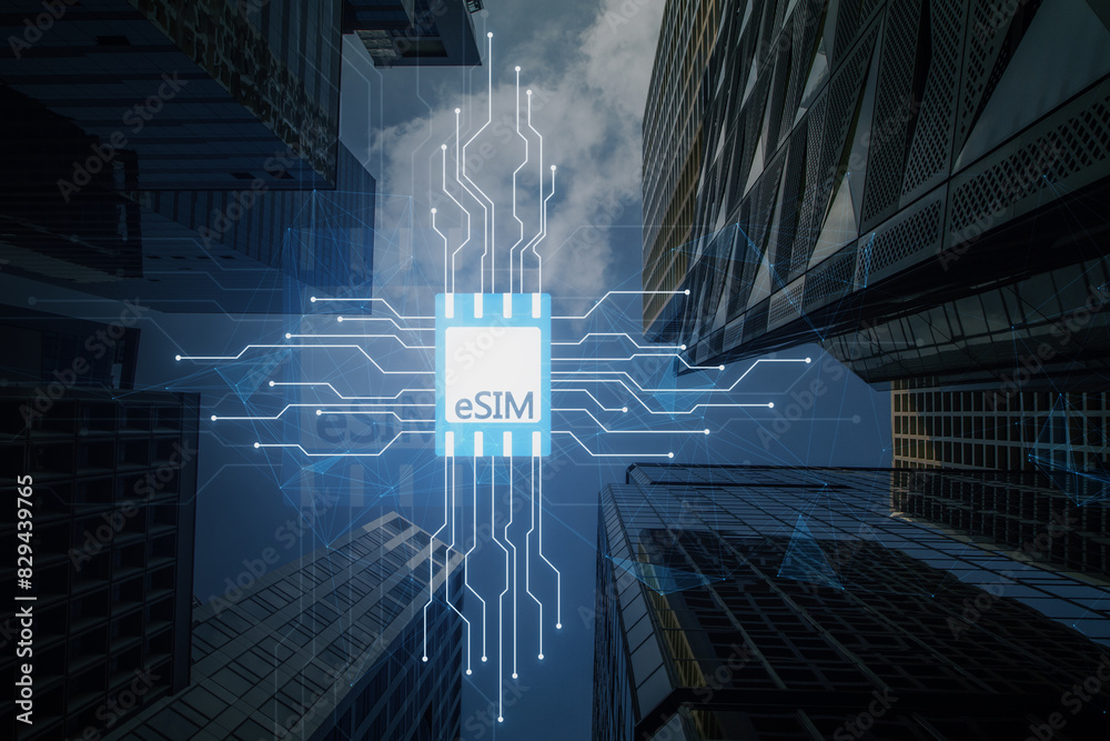 Poster esim chip card icon with circuit on blurry city background. embedded sim card cellular mobile techno