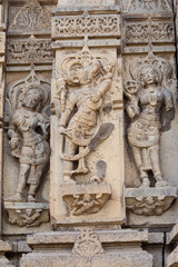 Obraz premium Sculpture of Varaha and Dancing Apsara on the Kedareshwara Temple, Dharmapuri, Beed Maharashtra India.