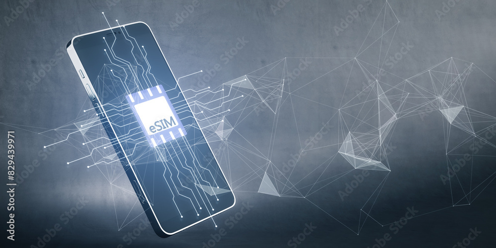 Poster Close up of smartphone with Esim chip card icon with circuit on blurry light polygonal background. Embedded sim card cellular mobile technology smart concept. 3D Rendering.
